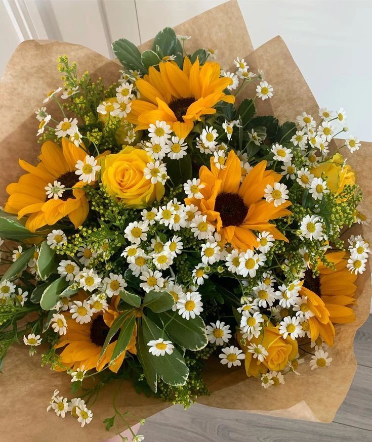 Sunshine & Daisy Bouquet — sunflowers, yellow roses and white daisies in kraft wrap