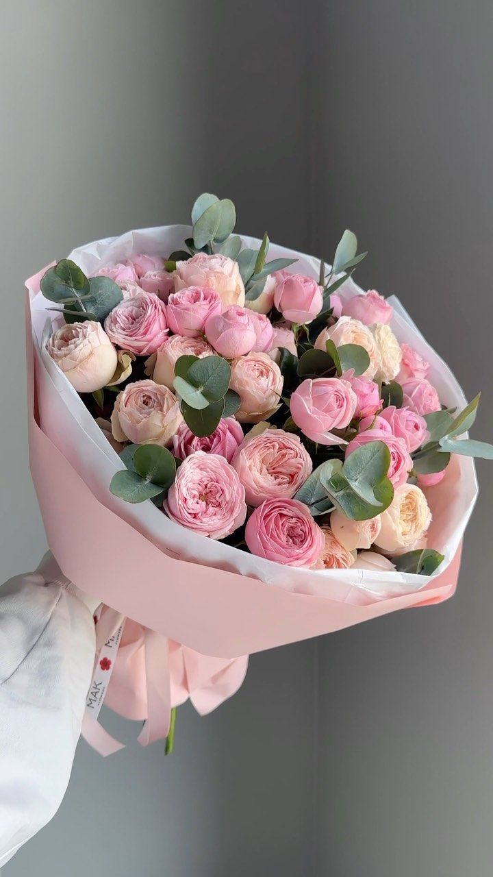 Garden Peony Rose Bouquet — blush pink garden roses with eucalyptus in pink wrap