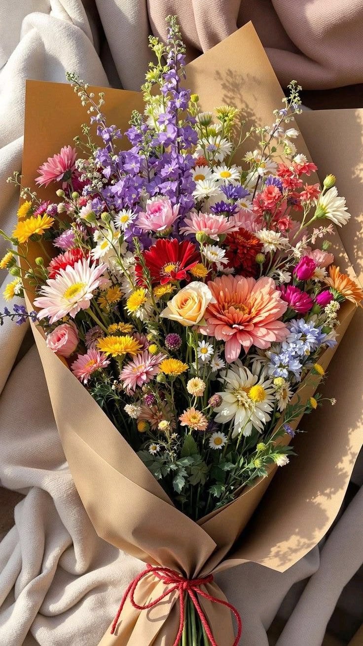 Wild Meadow Bouquet — colourful wildflowers including delphiniums, gerberas and roses in kraft wrap